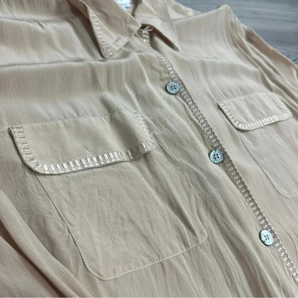 VINTAGE Tan Silk Button Down Shirt with Embroidered Details - Picture 6 of 9